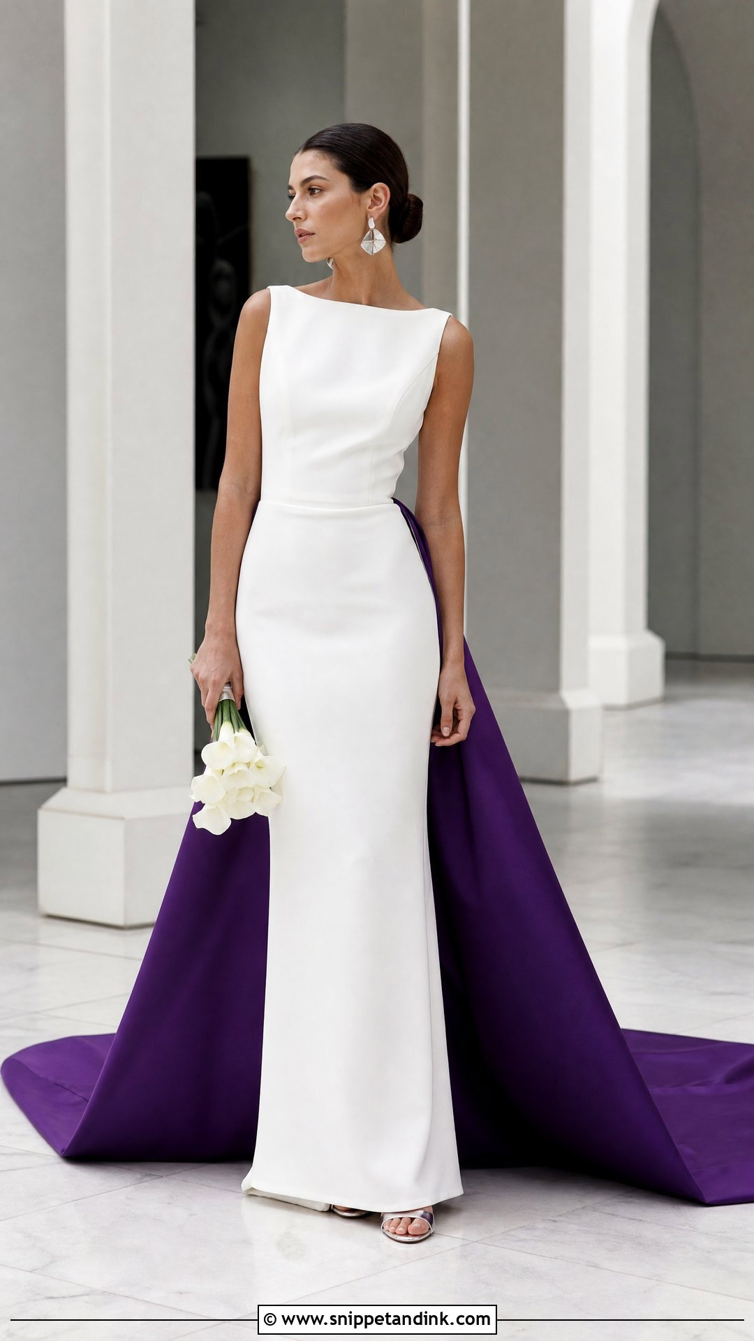 White Column Wedding Dress With Purple Train - Snippet and Ink - 25 Purple and White Wedding Dress Ideas
