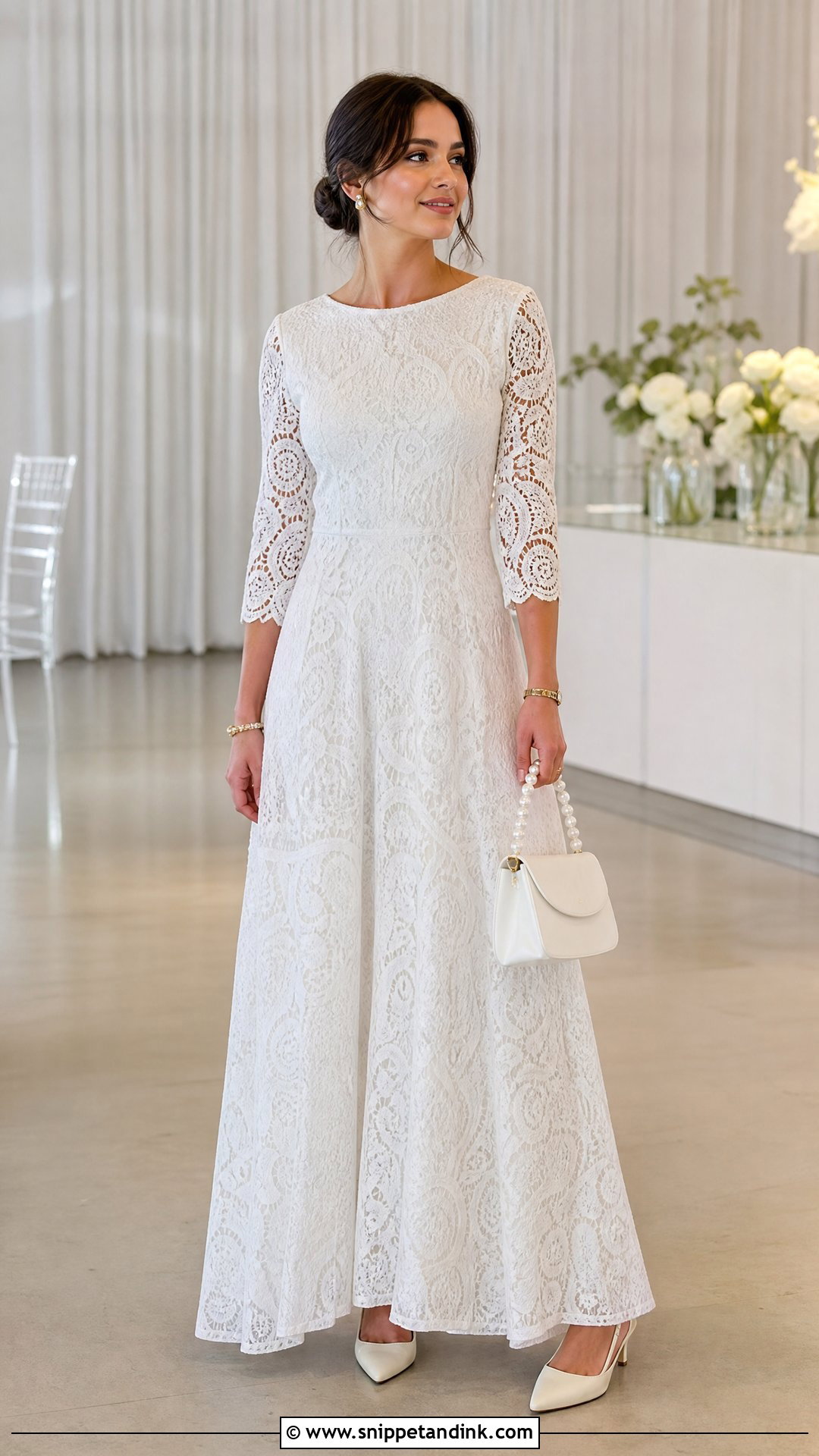 White Cord Lace A Line Gown With Pearl Accessories - Snippet and Ink - 20 White Cord Lace Gown Styles