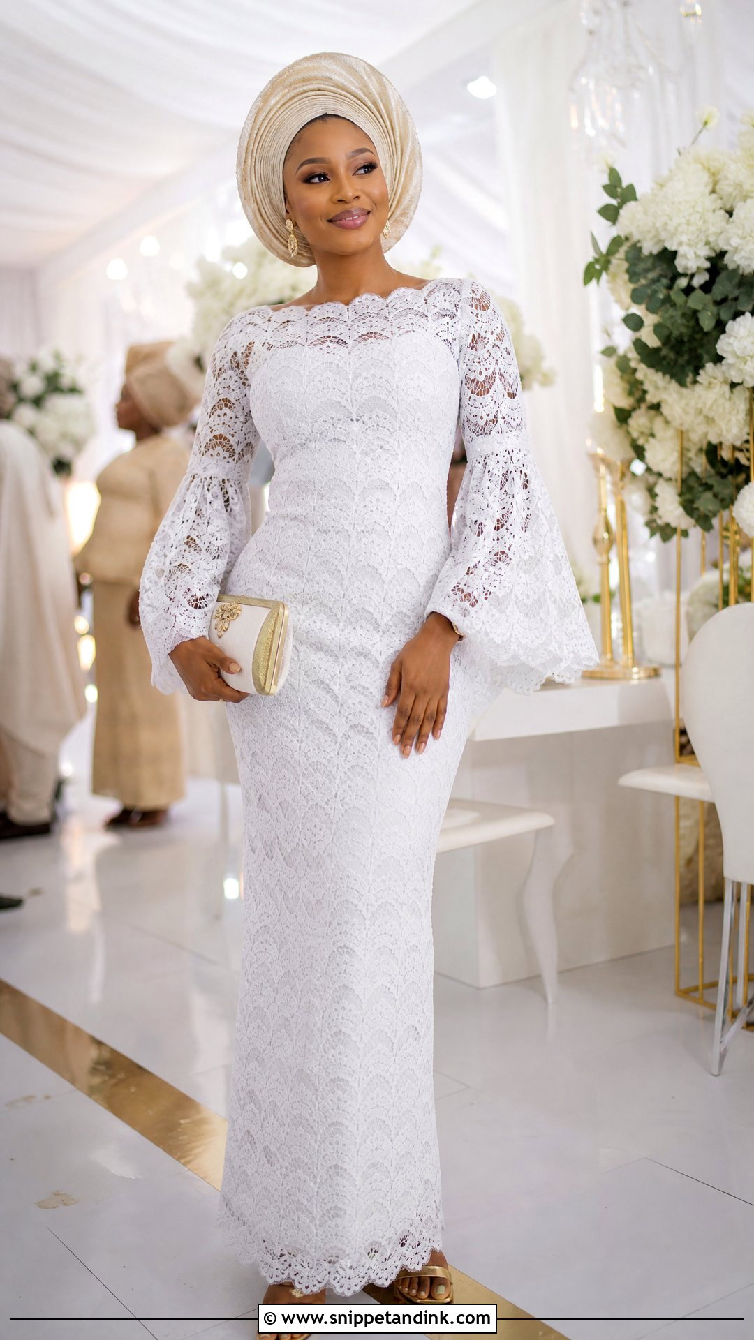 White Cord Lace Bell Sleeve Gown With Gold Sandals - Snippet and Ink - 20 White Cord Lace Gown Styles
