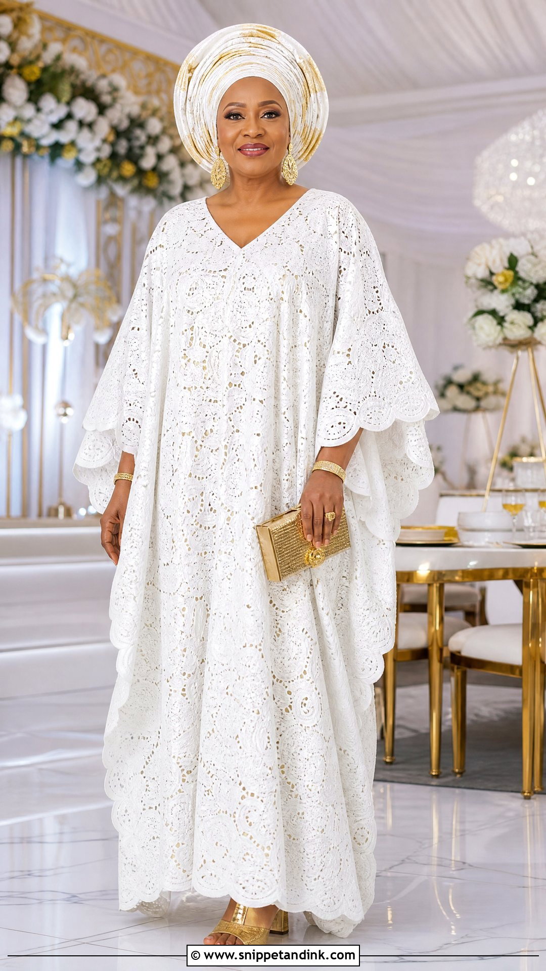 White Cord Lace Bubu Gown With Gold Accessories - Snippet and Ink - 20 White Cord Lace Gown Styles