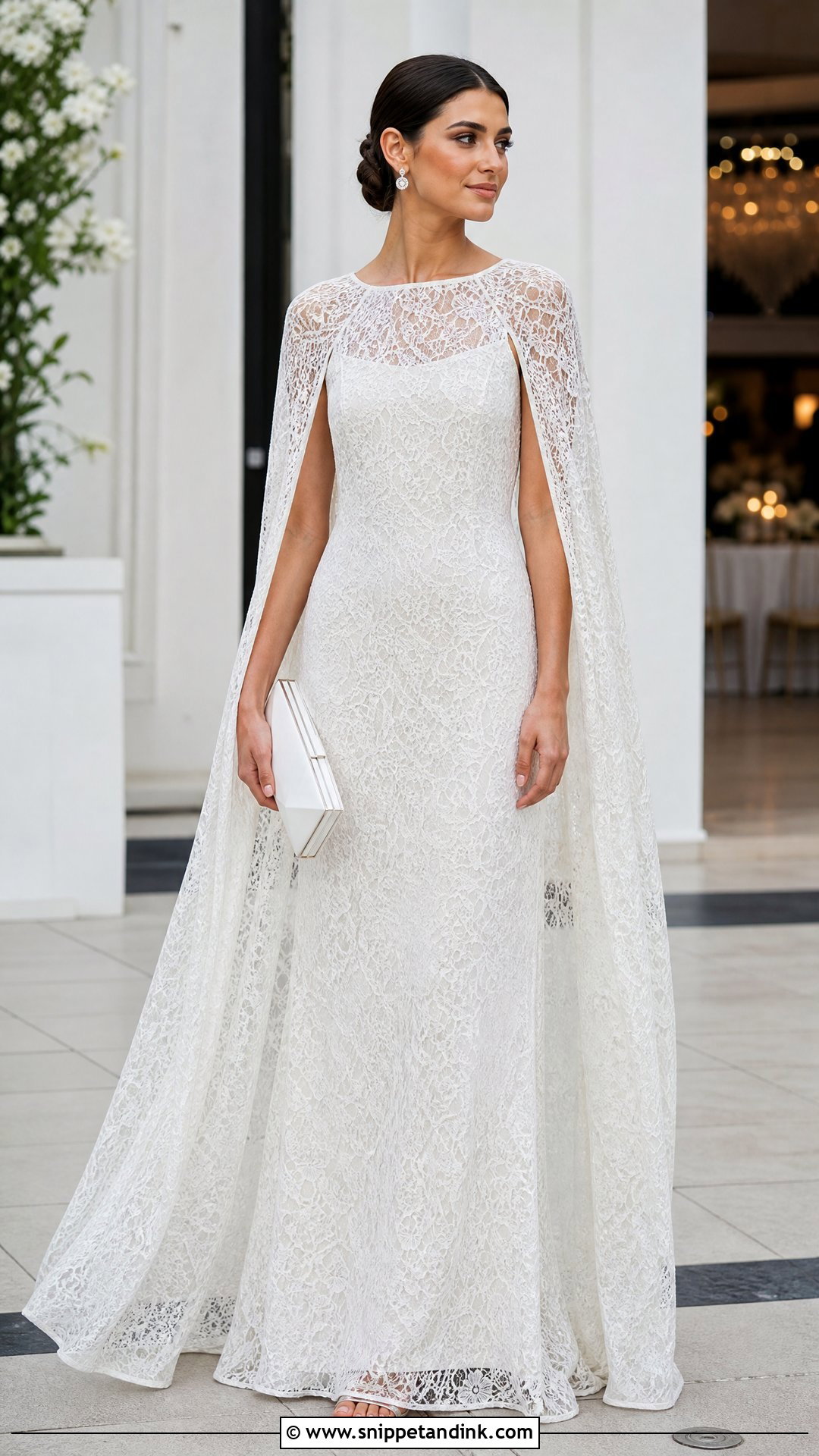 White Cord Lace Cape Sleeve Gown With Silver Sandals - Snippet and Ink - 20 White Cord Lace Gown Styles