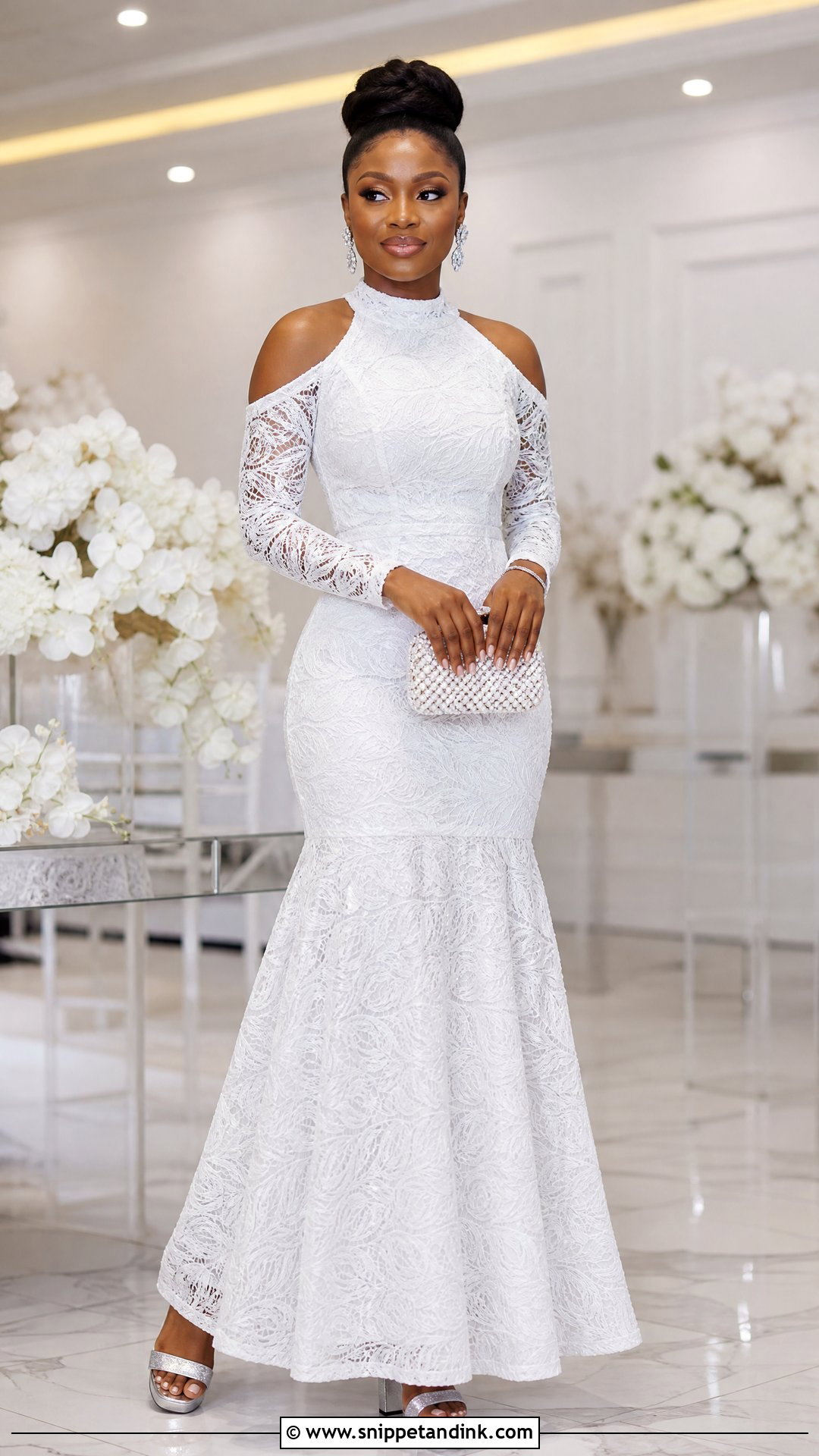 White Cord Lace Cold Shoulder Gown - Snippet and Ink - 25 White Cord Nigerian Lace Gown Styles