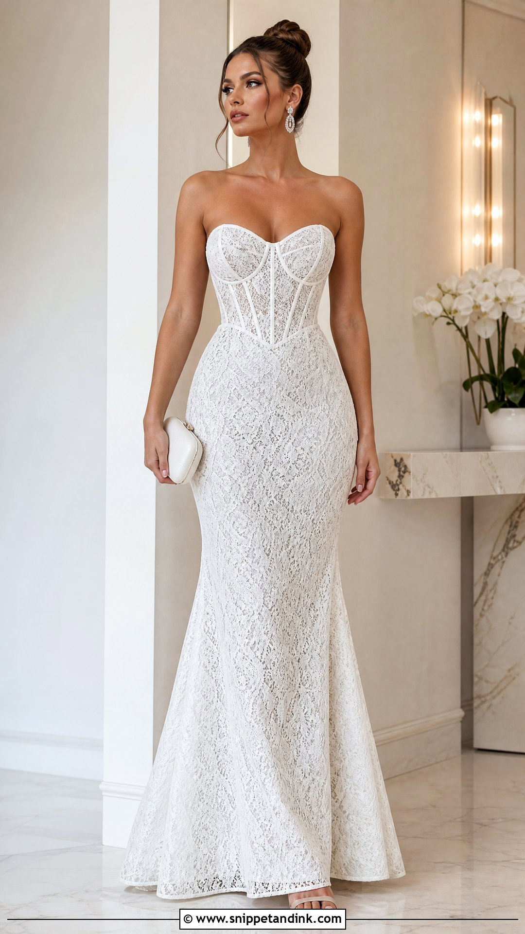 White Cord Lace Corset Gown With Nude Heels - Snippet and Ink - 20 White Cord Lace Gown Styles
