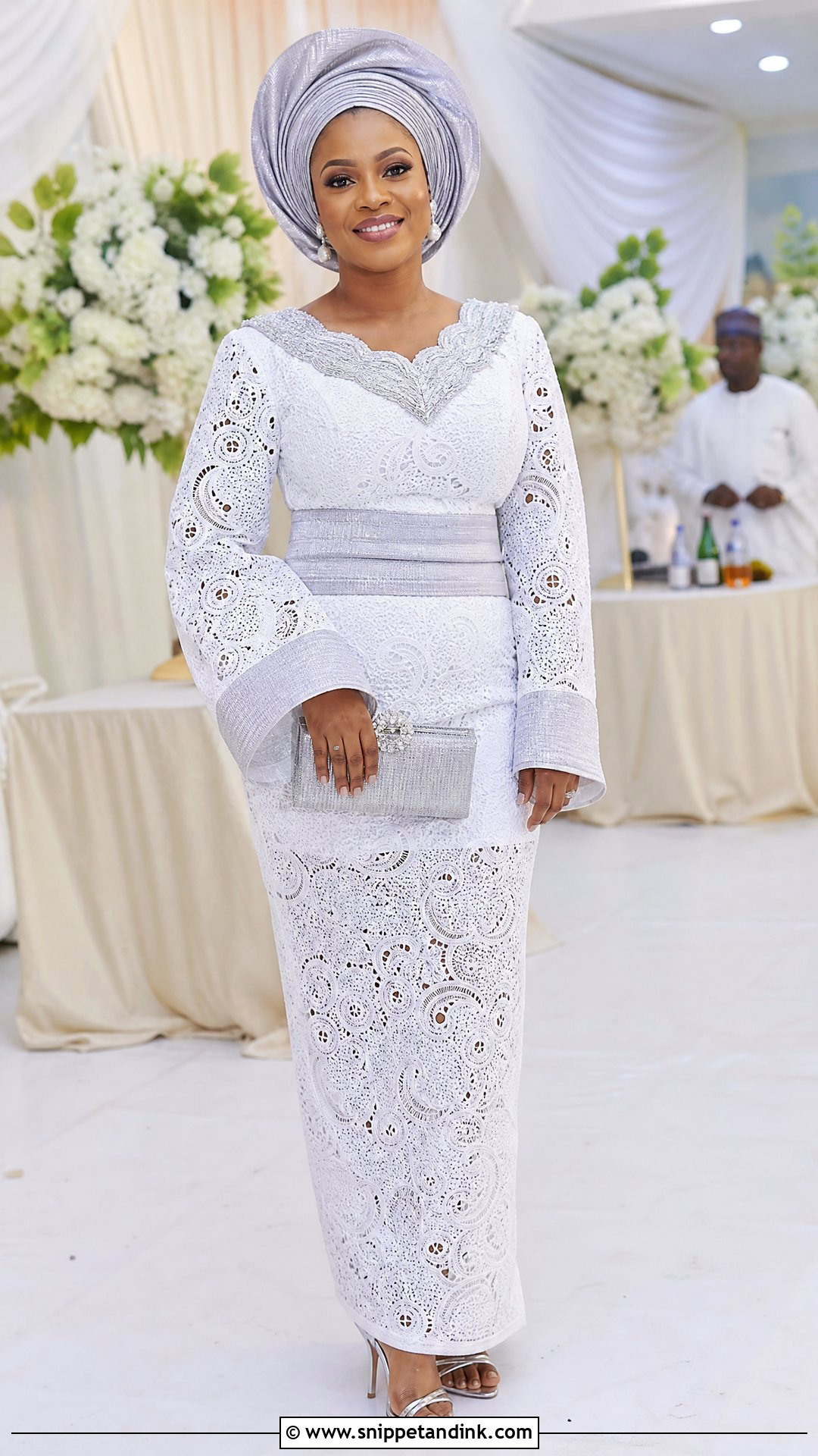 White Cord Lace Gown With Aso Oke Detail - Snippet and Ink - 25 White Cord Nigerian Lace Gown Styles