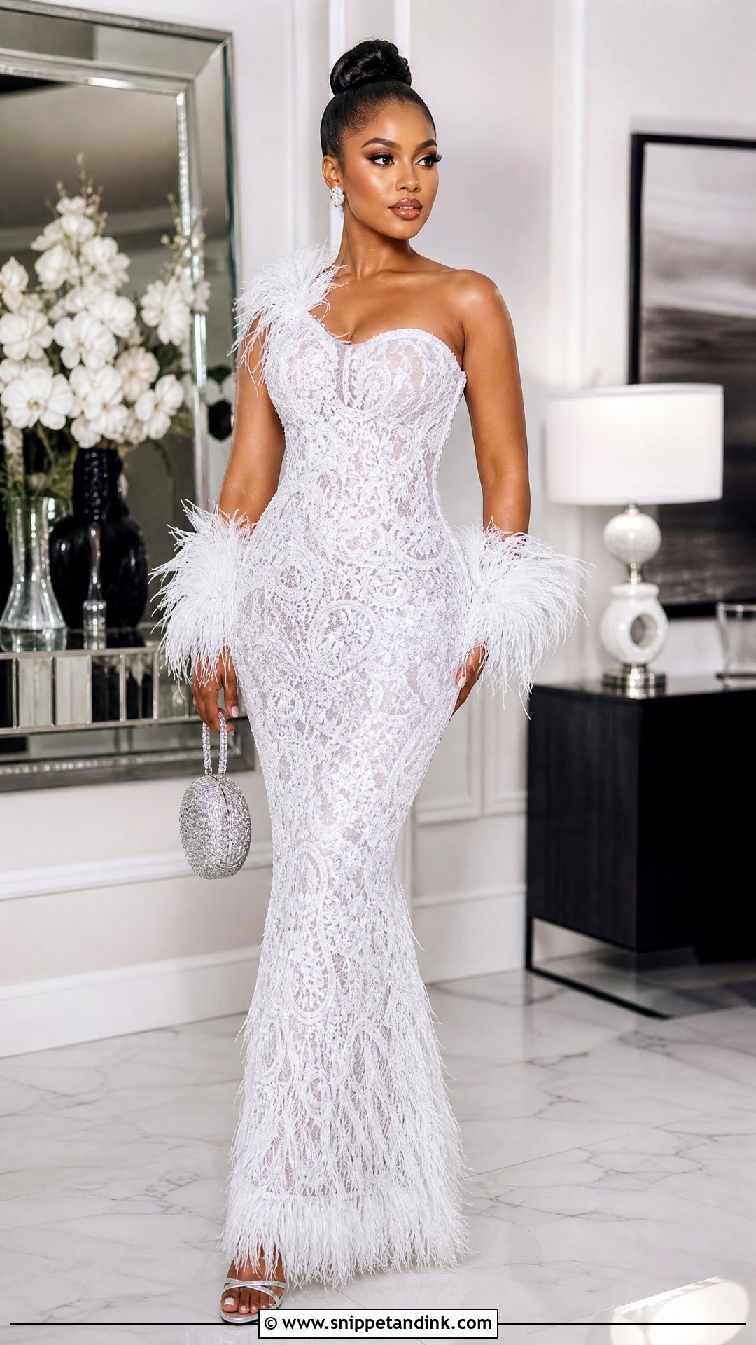 White Cord Lace Gown With Feather Trim - Snippet and Ink - 25 White Cord Nigerian Lace Gown Styles