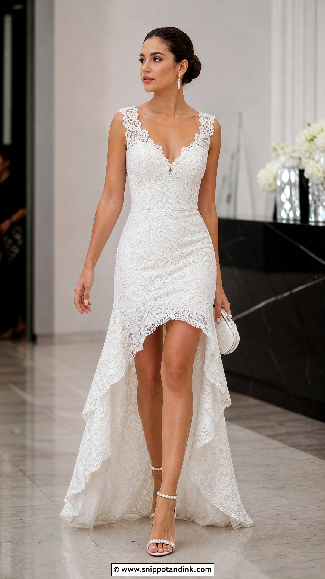 White Cord Lace High Low Gown With Statement Heels - Snippet and Ink - 20 White Cord Lace Gown Styles