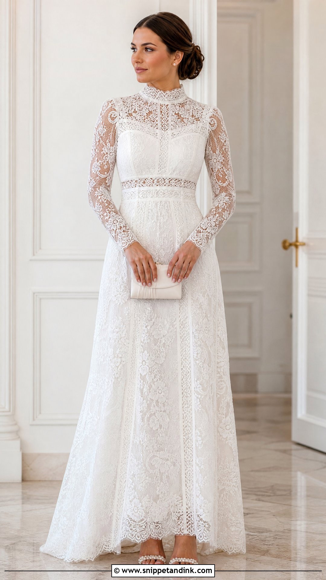 White Cord Lace High Neck Gown With Pearl Heels - Snippet and Ink - 20 White Cord Lace Gown Styles