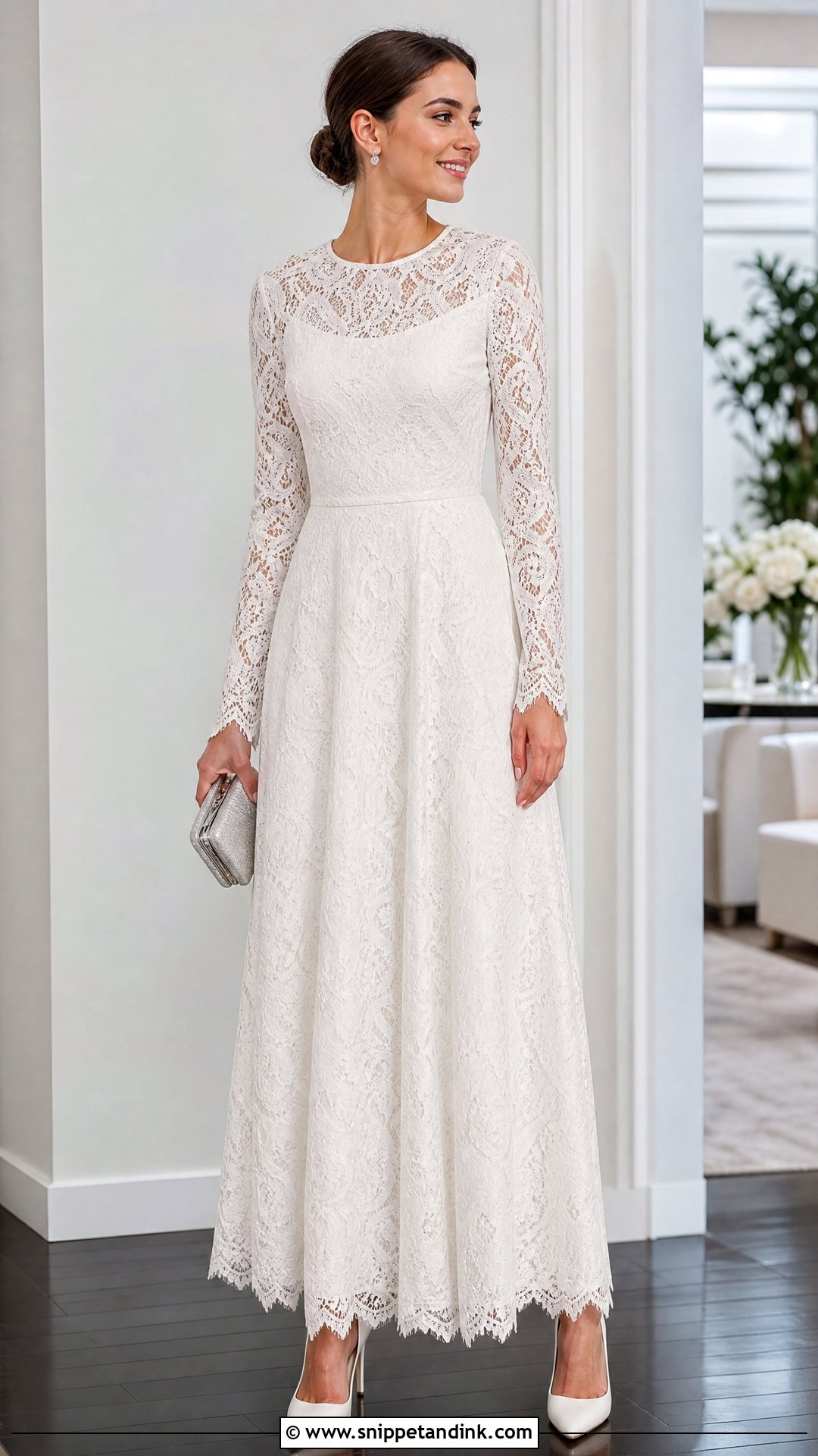 White Cord Lace Long Sleeve Gown With White Pumps - Snippet and Ink - 20 White Cord Lace Gown Styles