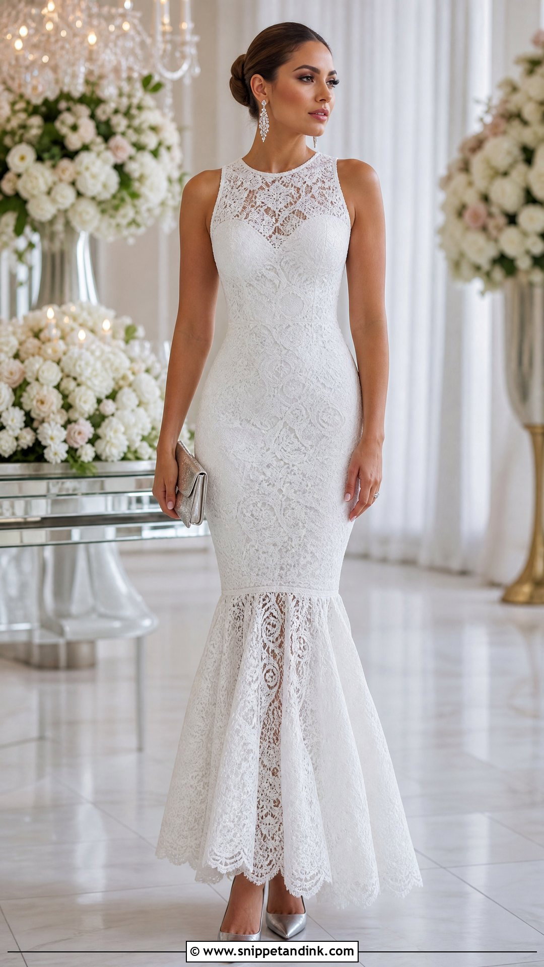White Cord Lace Mermaid Gown With Silver Heels - Snippet and Ink - 20 White Cord Lace Gown Styles