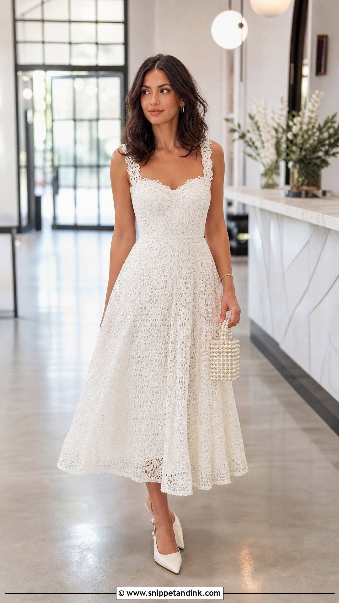 White Cord Lace Midi Gown With Slingback Shoes - Snippet and Ink - 20 White Cord Lace Gown Styles