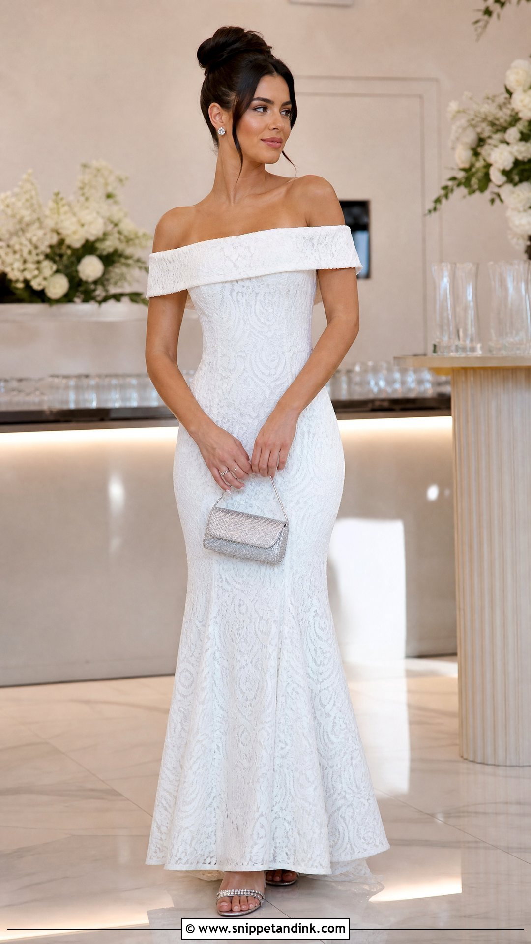 White Cord Lace Off Shoulder Gown With Crystal Heels - Snippet and Ink - 20 White Cord Lace Gown Styles