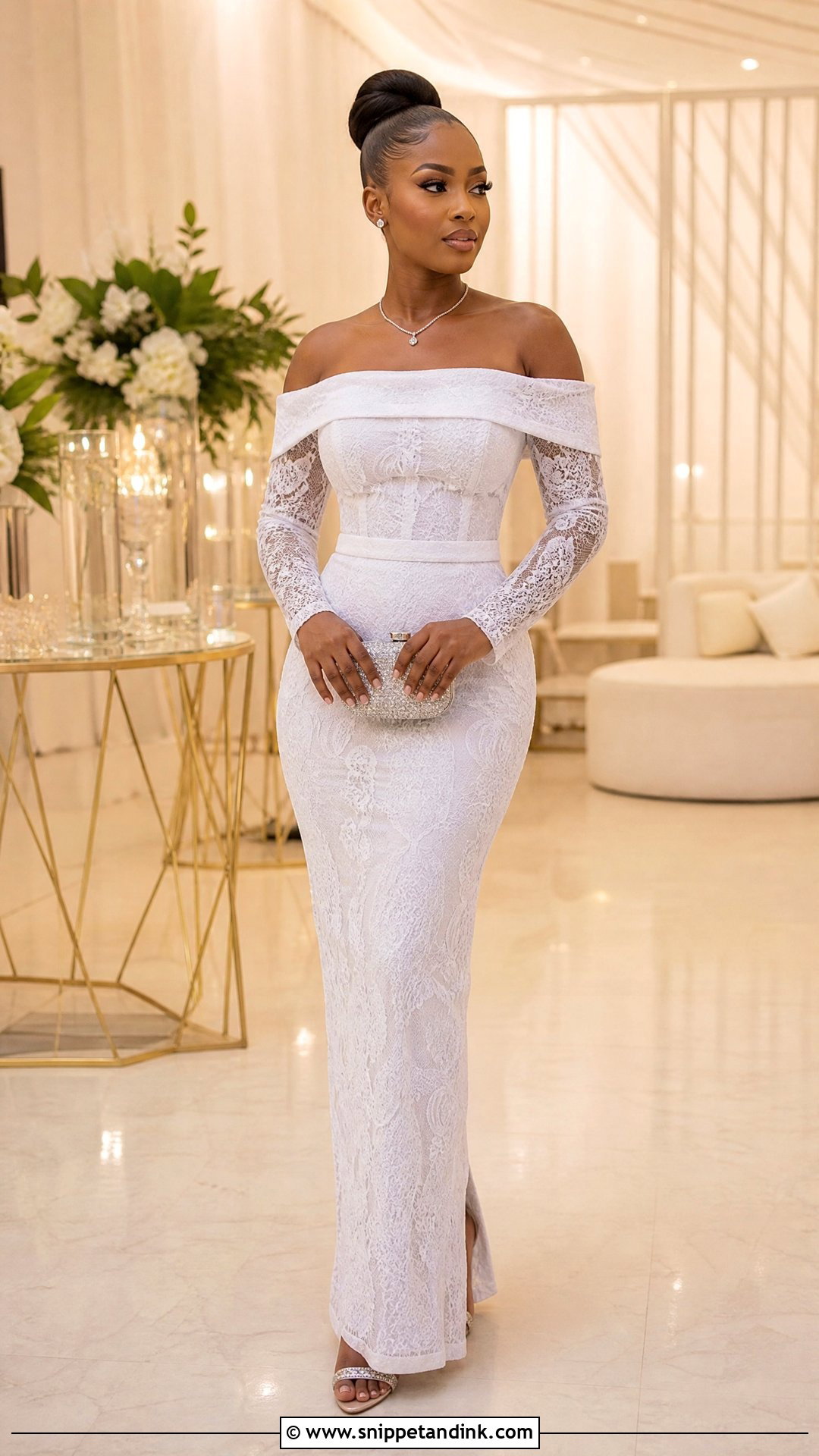 White Cord Lace Off Shoulder Gown - Snippet and Ink - 25 White Cord Nigerian Lace Gown Styles