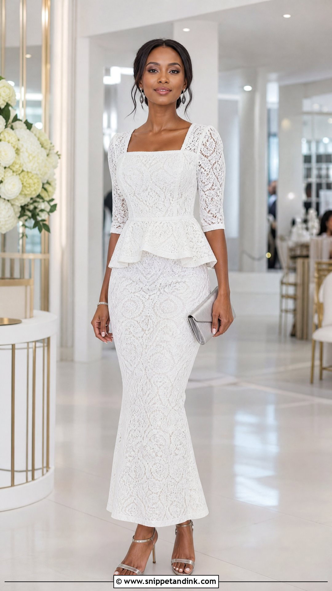 White Cord Lace Peplum Gown With Metallic Sandals - Snippet and Ink - 20 White Cord Lace Gown Styles