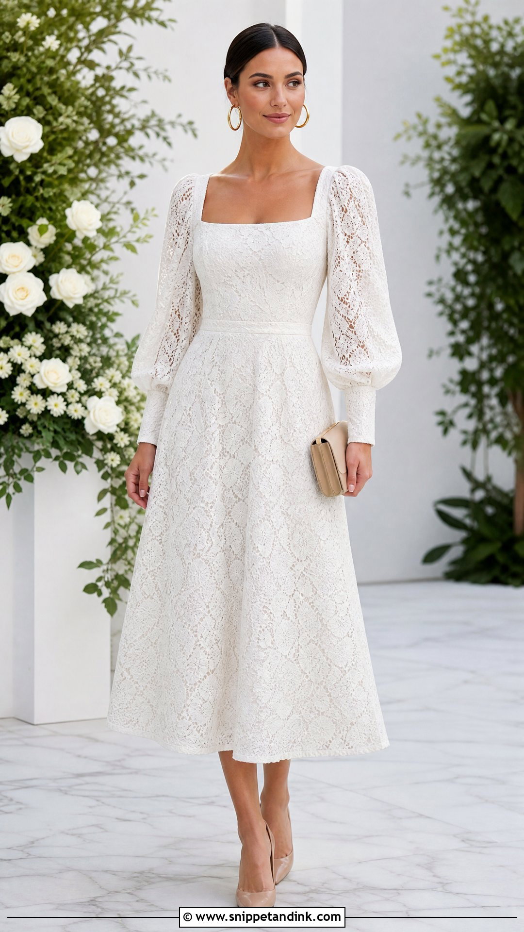 White Cord Lace Puff Sleeve Gown With Nude Pumps - Snippet and Ink - 20 White Cord Lace Gown Styles