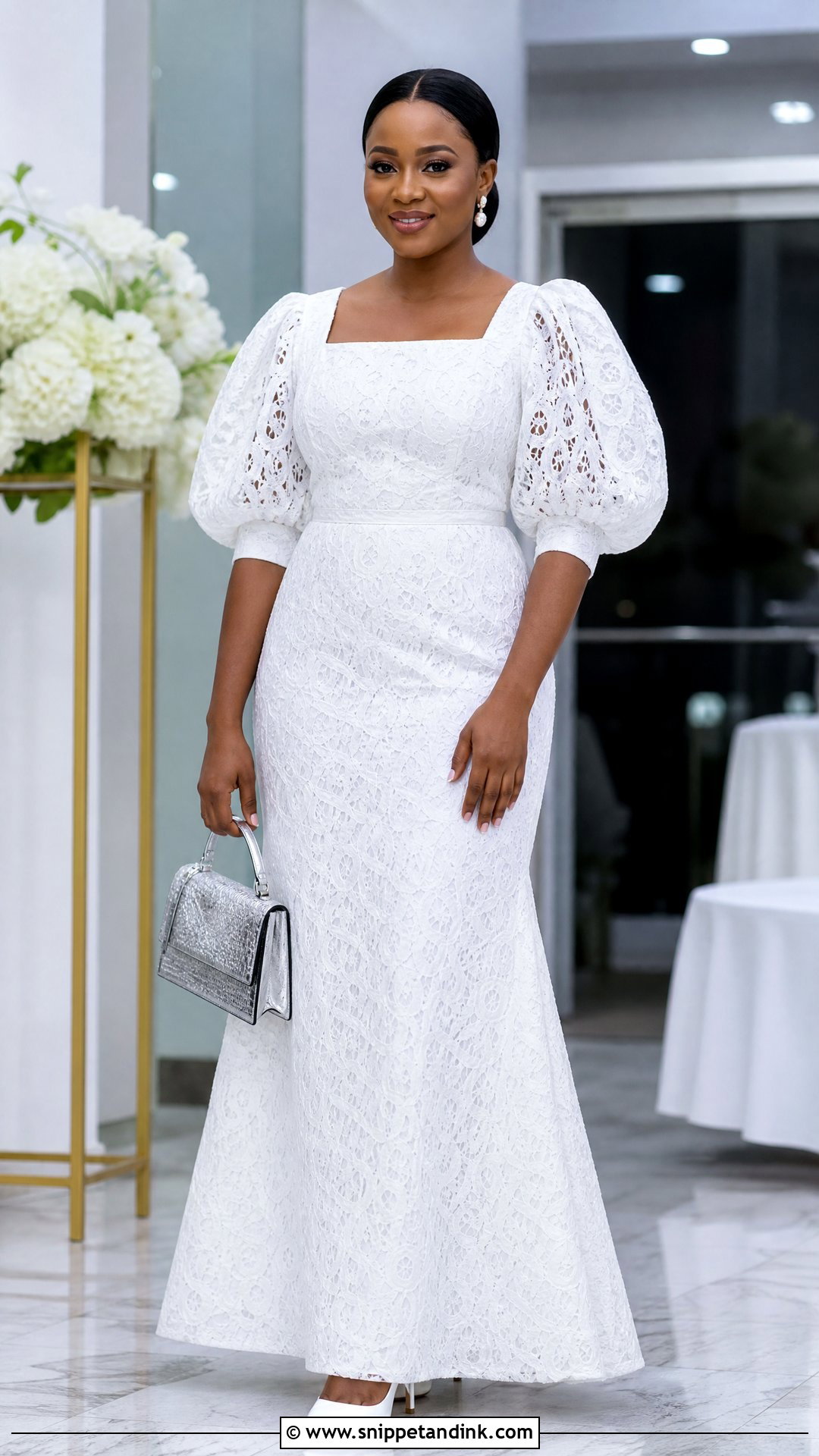 White Cord Lace Puff Sleeve Gown - Snippet and Ink - 25 White Cord Nigerian Lace Gown Styles