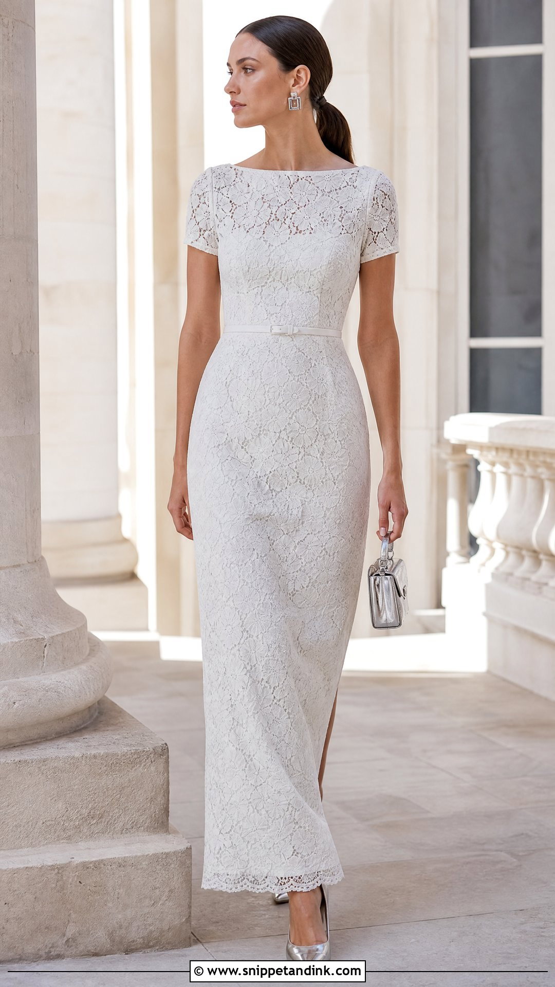 White Cord Lace Straight Gown With Pointed Toe Heels - Snippet and Ink - 20 White Cord Lace Gown Styles