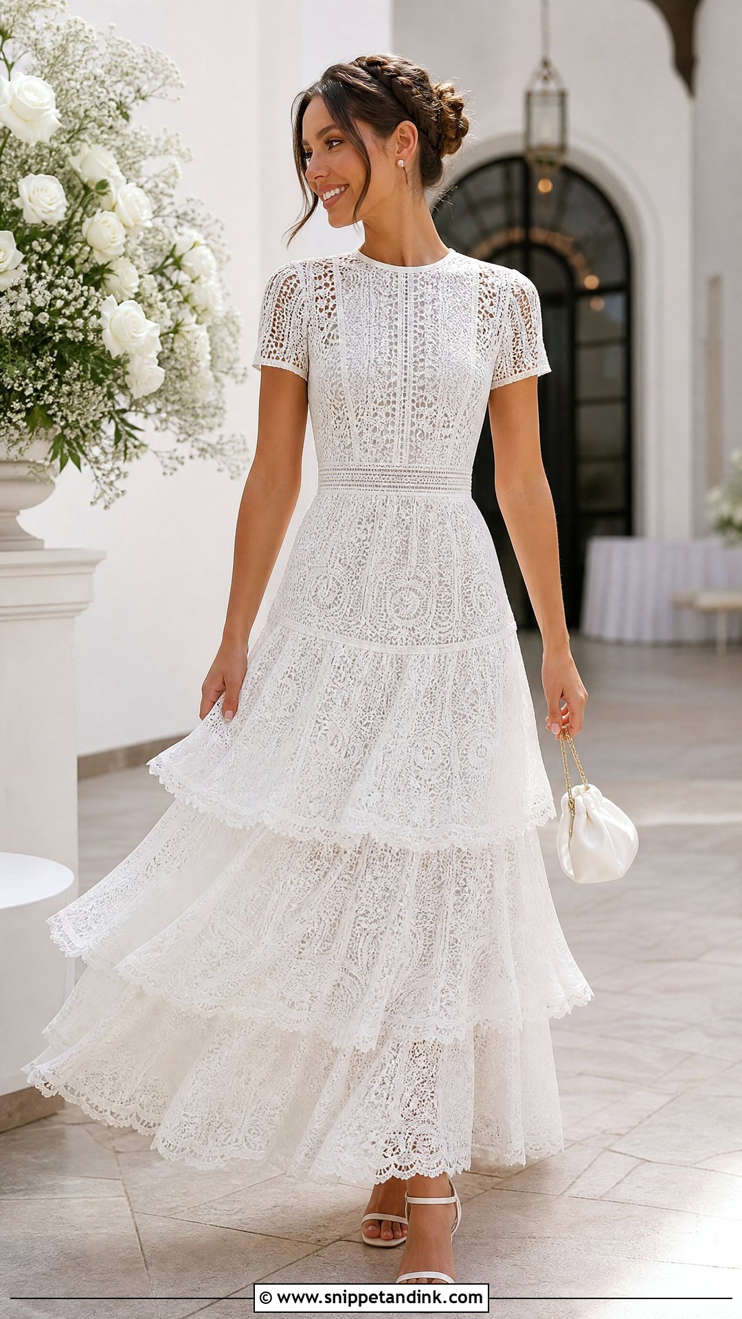 White Cord Lace Tiered Gown With Minimal Accessories - Snippet and Ink - 20 White Cord Lace Gown Styles