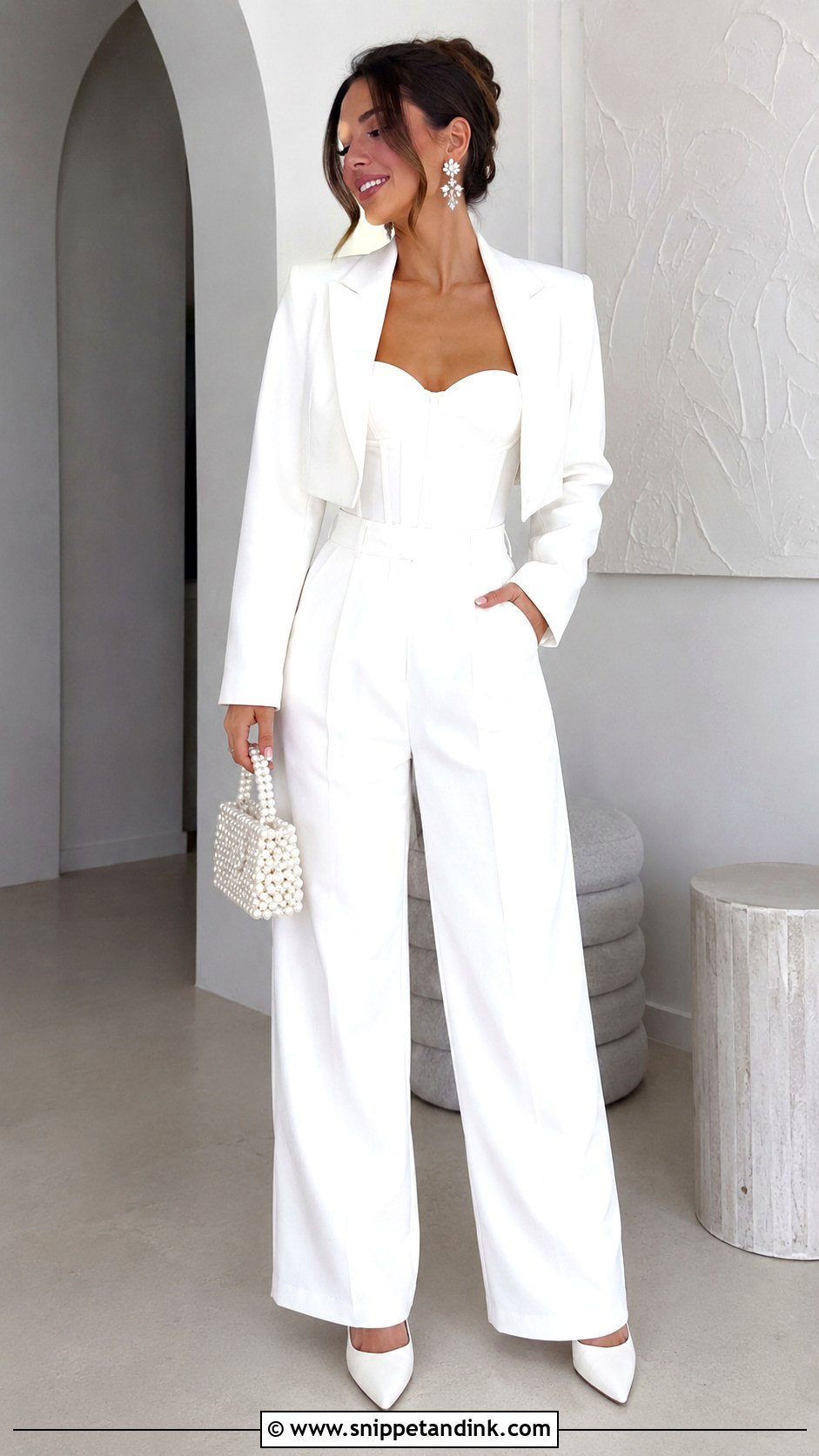 White Corset And Trousers Hens Bride Outfit - Snippet and Ink - 20 Hens Outfit Bride Ideas