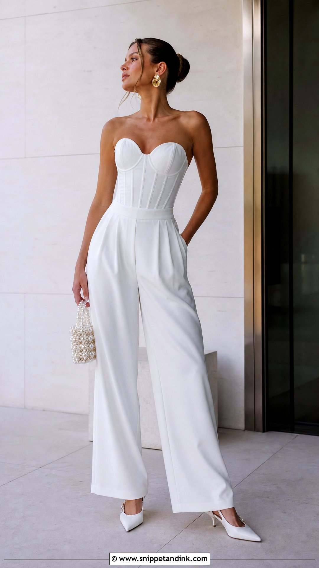 White Corset And Wide Leg Pants Bachelorette Outfit - Snippet and Ink - 20 Summer Bride Bachelorette Outfit Ideas