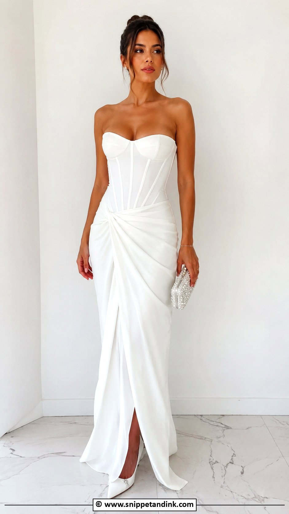 White Corset Gown With Pointed Heels - Snippet and Ink - 30 Elegant Classy White Gowns