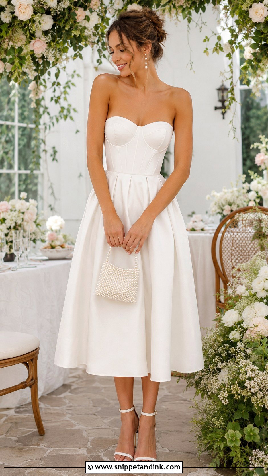 White Corset Midi Bridal Party Dress With Pearl Accessories - Snippet and Ink - 20 Bridal Party Dress for Bride Ideas