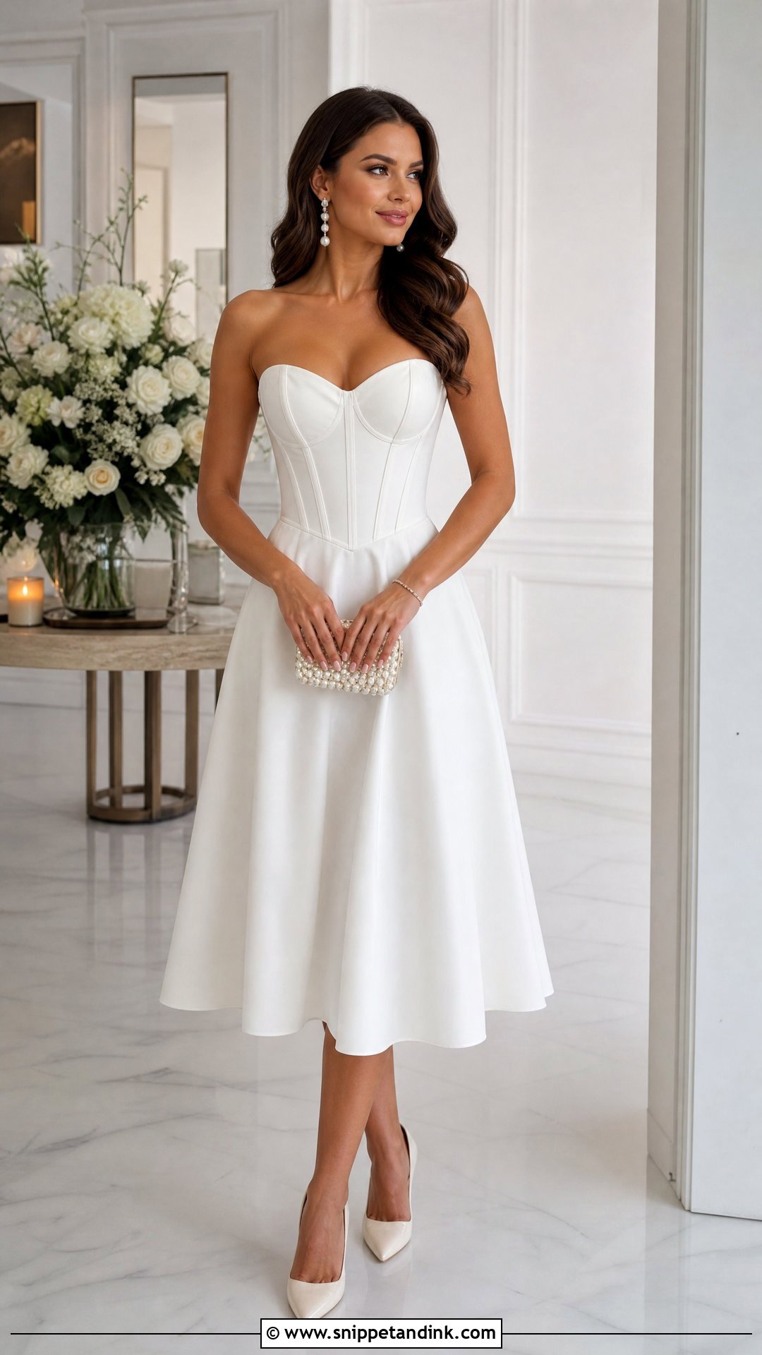 White Corset Midi Dress Outfit - Snippet and Ink - 20 Prewedding White Dress Ideas