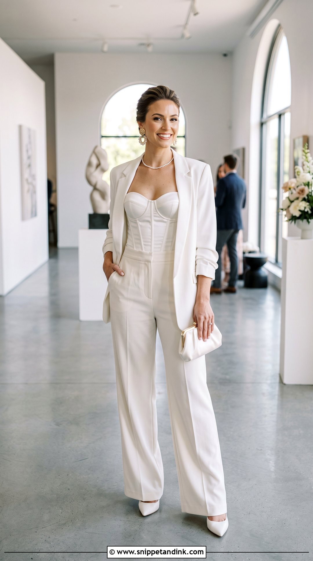 White Corset Pantsuit With Statement Earrings - Snippet and Ink - 20 White Suit for Wedding Women Ideas