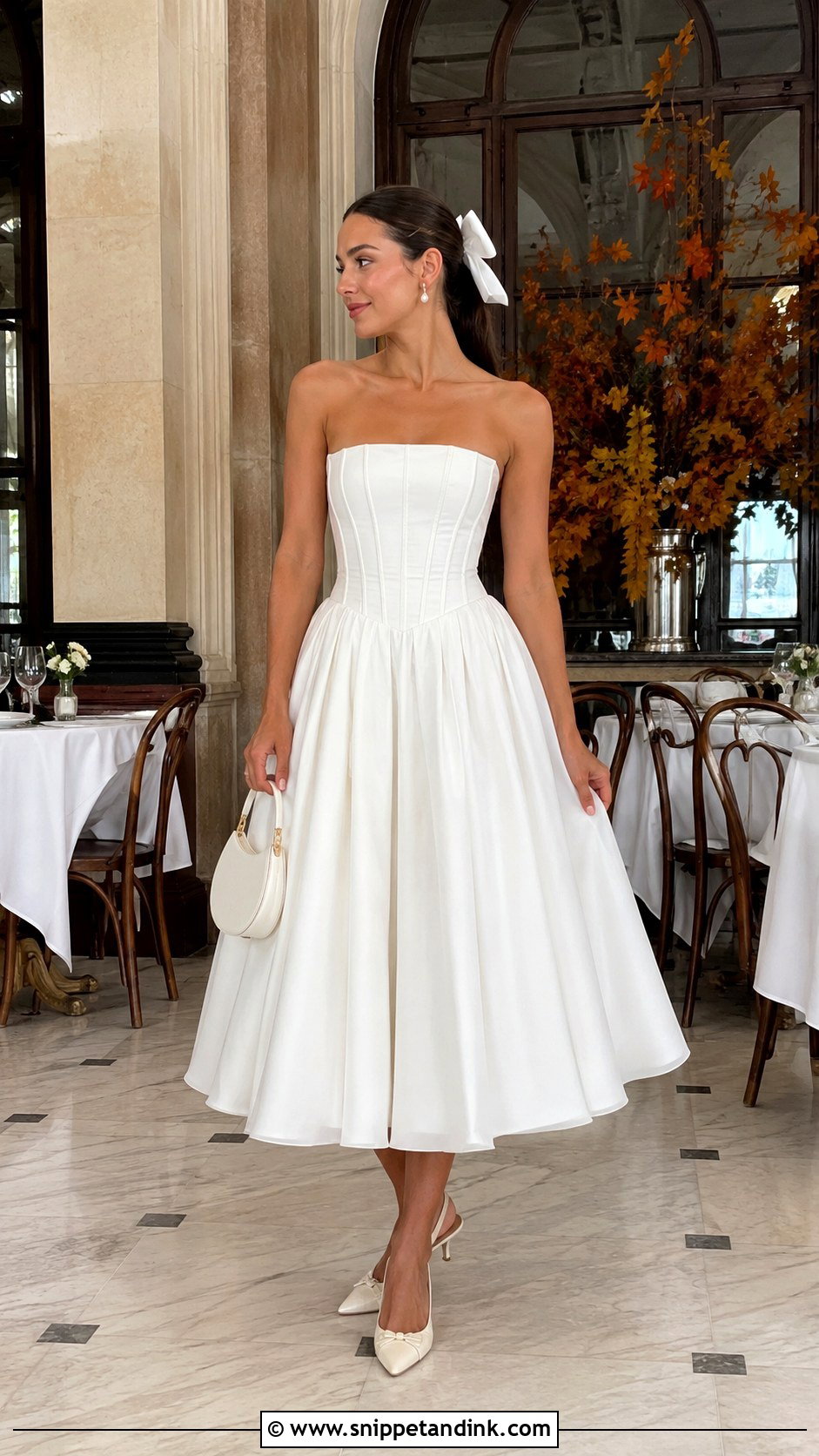 White Corset Tea Length Fall Rehearsal Dinner Dress - Snippet and Ink - 20 Fall Rehearsal Dinner Dress for Bride Ideas