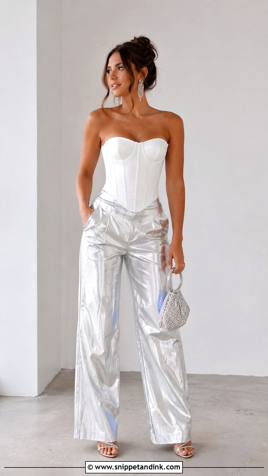 White Corset Top And Metallic Pants Outfit - Snippet and Ink - 25 Bling Before the Ring Outfits