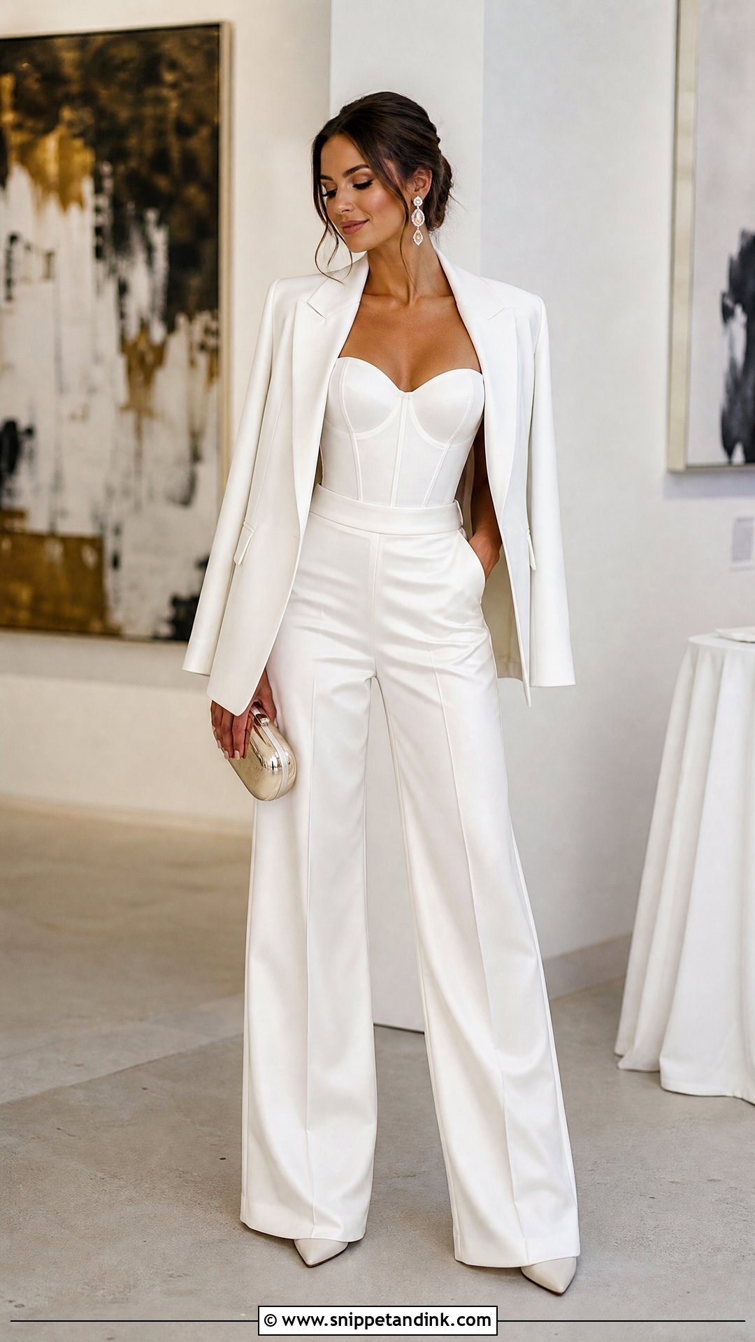 White Corset Top And Satin Trouser Outfit - Snippet and Ink - 20 White Bridal Ideas