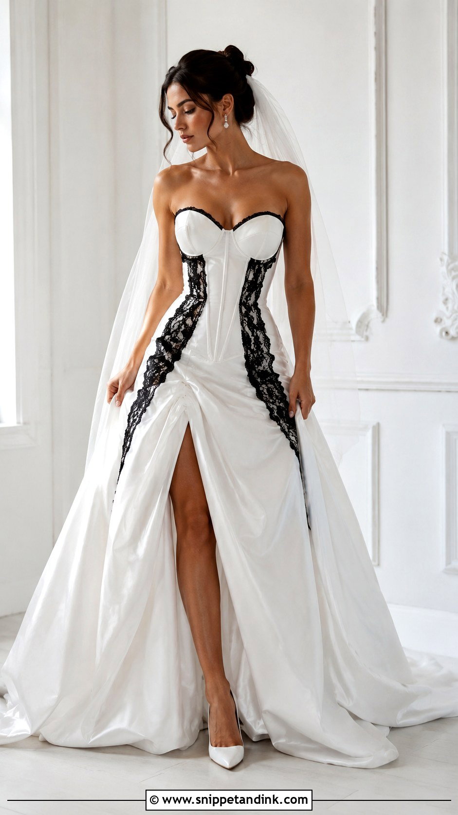 White Corset Wedding Dress With Black Lace Panels - Snippet and Ink - 25 White Wedding Dress with Black Lace Ideas