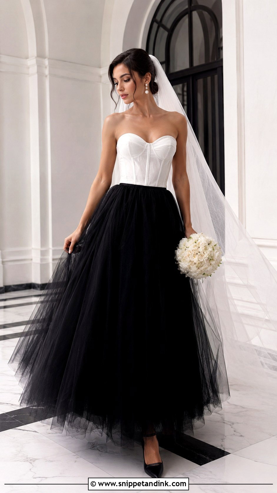 White Corset Wedding Dress With Black Skirt - Snippet and Ink - 25 Black White Wedding Dress Ideas