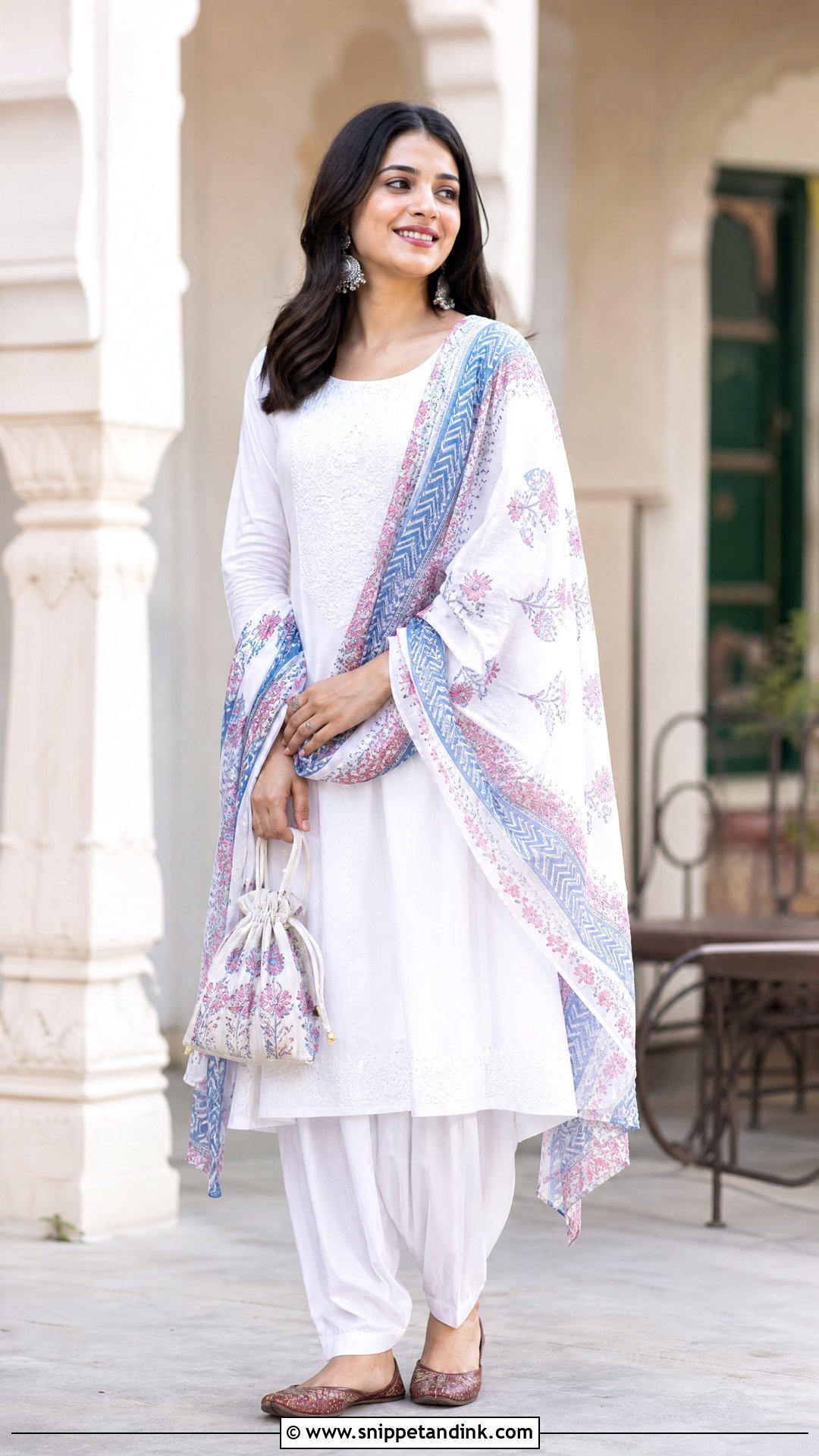 White Cotton Salwar Suit With Printed Dupatta - Snippet and Ink - 20 Simple White Indian Dress Ideas