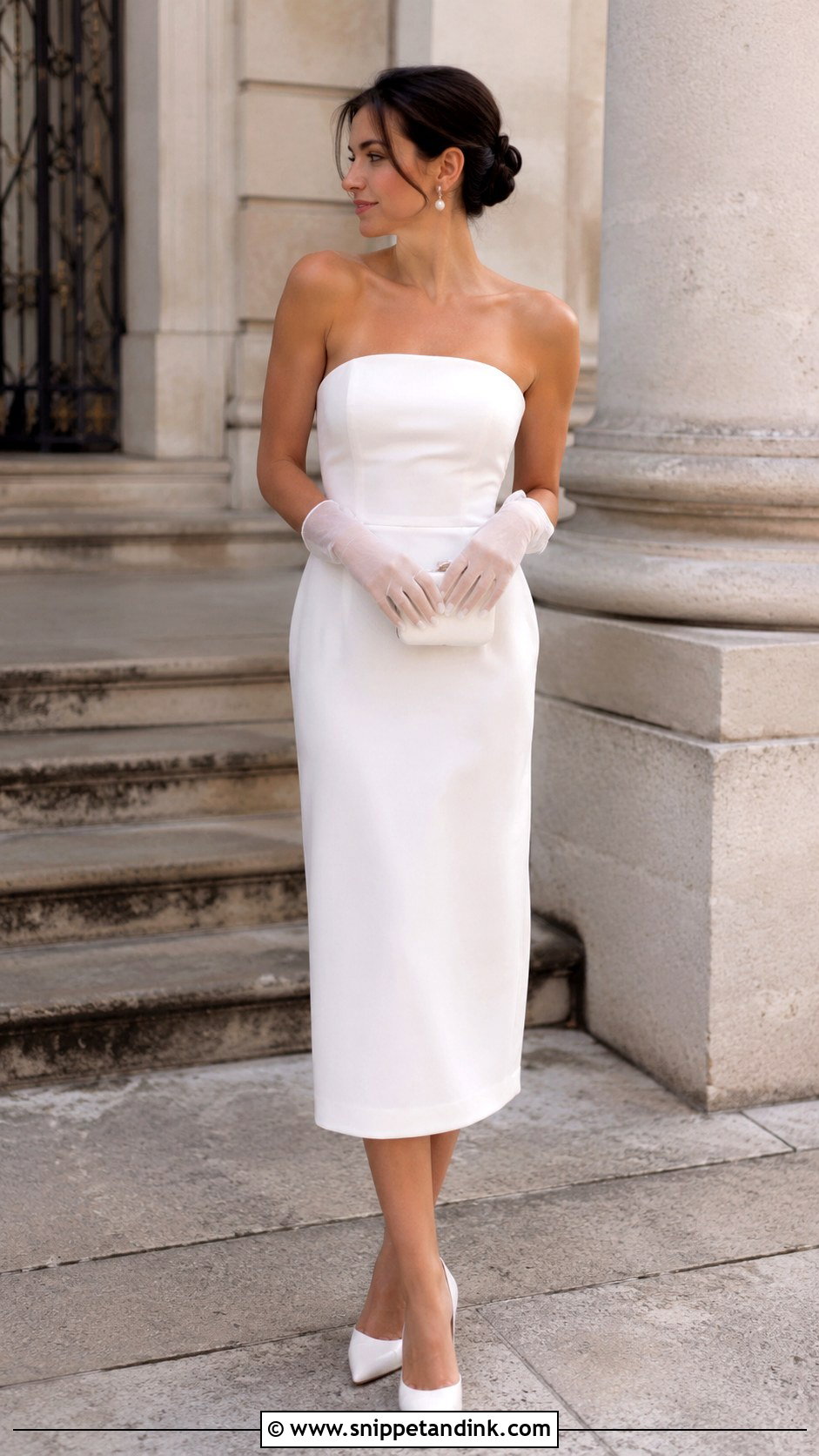 White Courthouse Wedding Dress With Gloves - Snippet and Ink - 30 Simple Courthouse Wedding Dress Ideas
