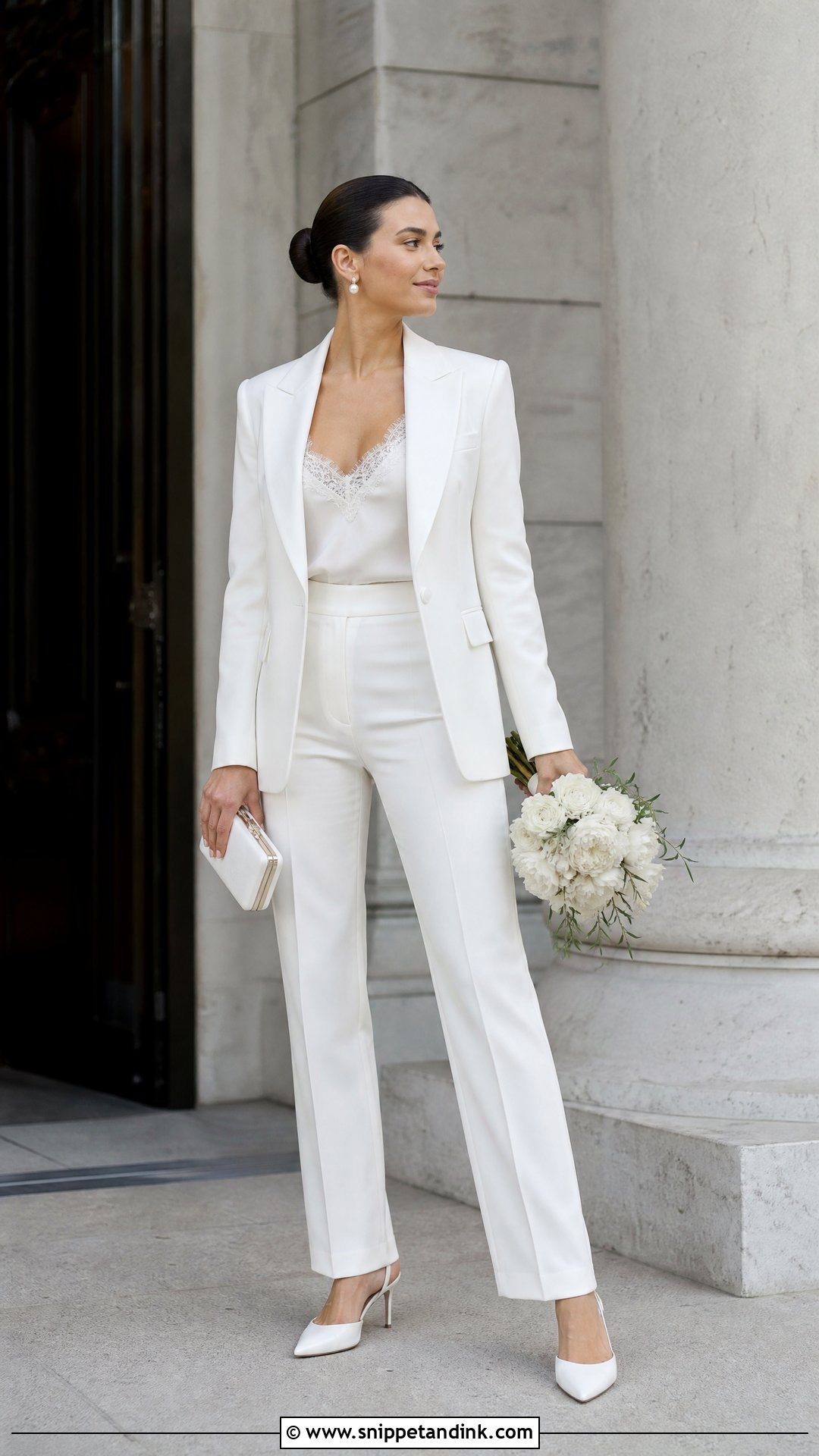 White Courthouse Wedding Pantsuit With Lace Camisole - Snippet and Ink - 20 Casual Courthouse Wedding Dress Ideas
