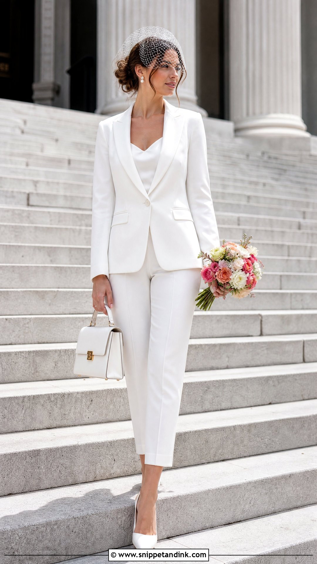 White Courthouse Wedding Suit With Birdcage Veil - Snippet and Ink - 20 White Suit for Wedding Ideas