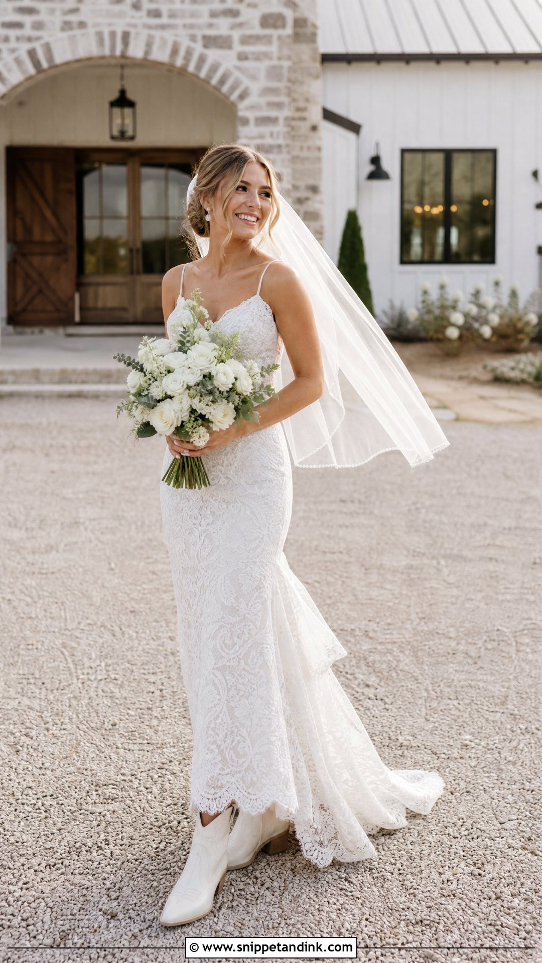 White Cowboy Heels With Lace Wedding Dress - Snippet and Ink - 20 Western Wedding Heels Ideas