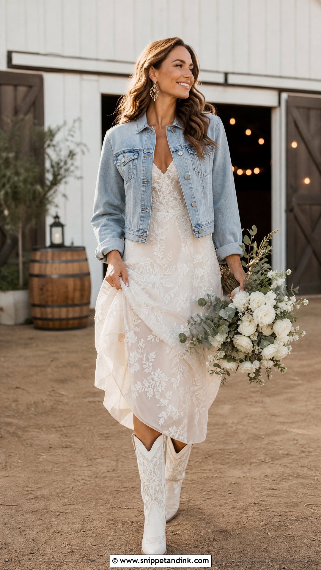 White Cowgirl Boots With Bridal Midi Dress And Denim Jacket - Snippet and Ink - 20 Wedding Cowgirl Boots for Bride Ideas
