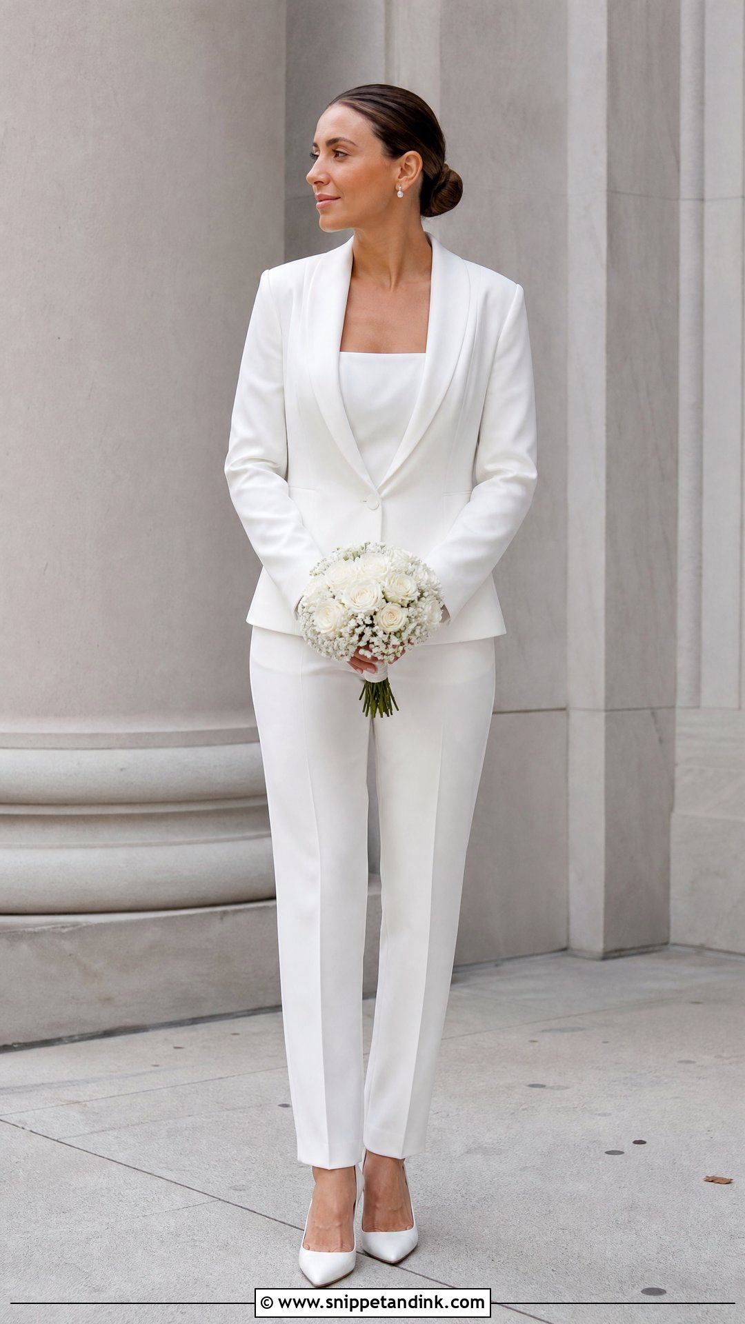 White Crepe Bridal Suit With Minimal Accessories - Snippet and Ink - 20 White Bridal Suit Ideas