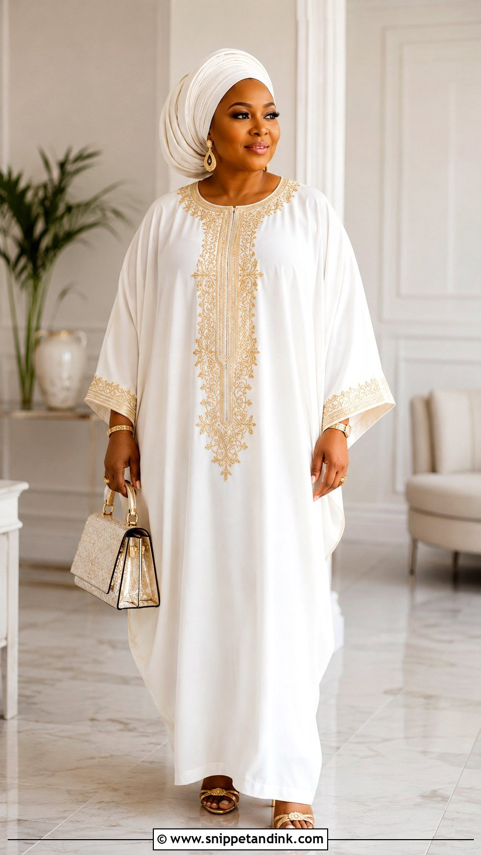 White Crepe Bubu Gown With Gold Accessories - Snippet and Ink - 25 White Crepe Gown Style in Nigeria Ideas