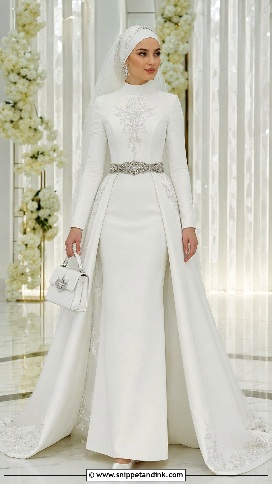 White Crepe Chechen Wedding Dress With Detachable Train - Snippet and Ink - 20 Chechen Wedding Dresses