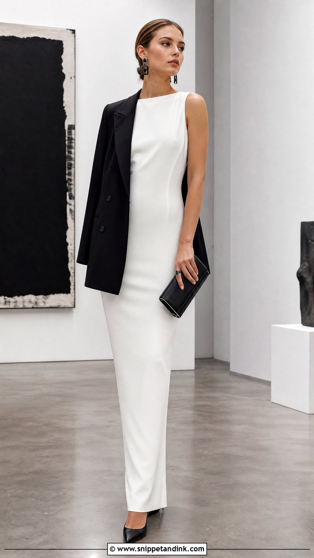 White Crepe Column Gown With Black Accessories - Snippet and Ink - 25 Simple White Gown Ideas
