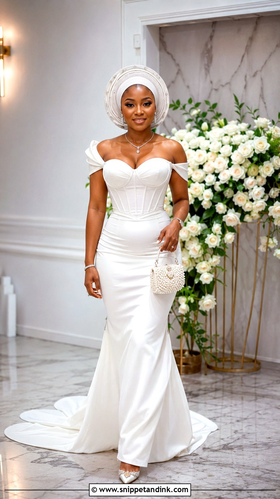 White Crepe Corset Gown With Gele - Snippet and Ink - 25 White Crepe Gown Style in Nigeria Ideas