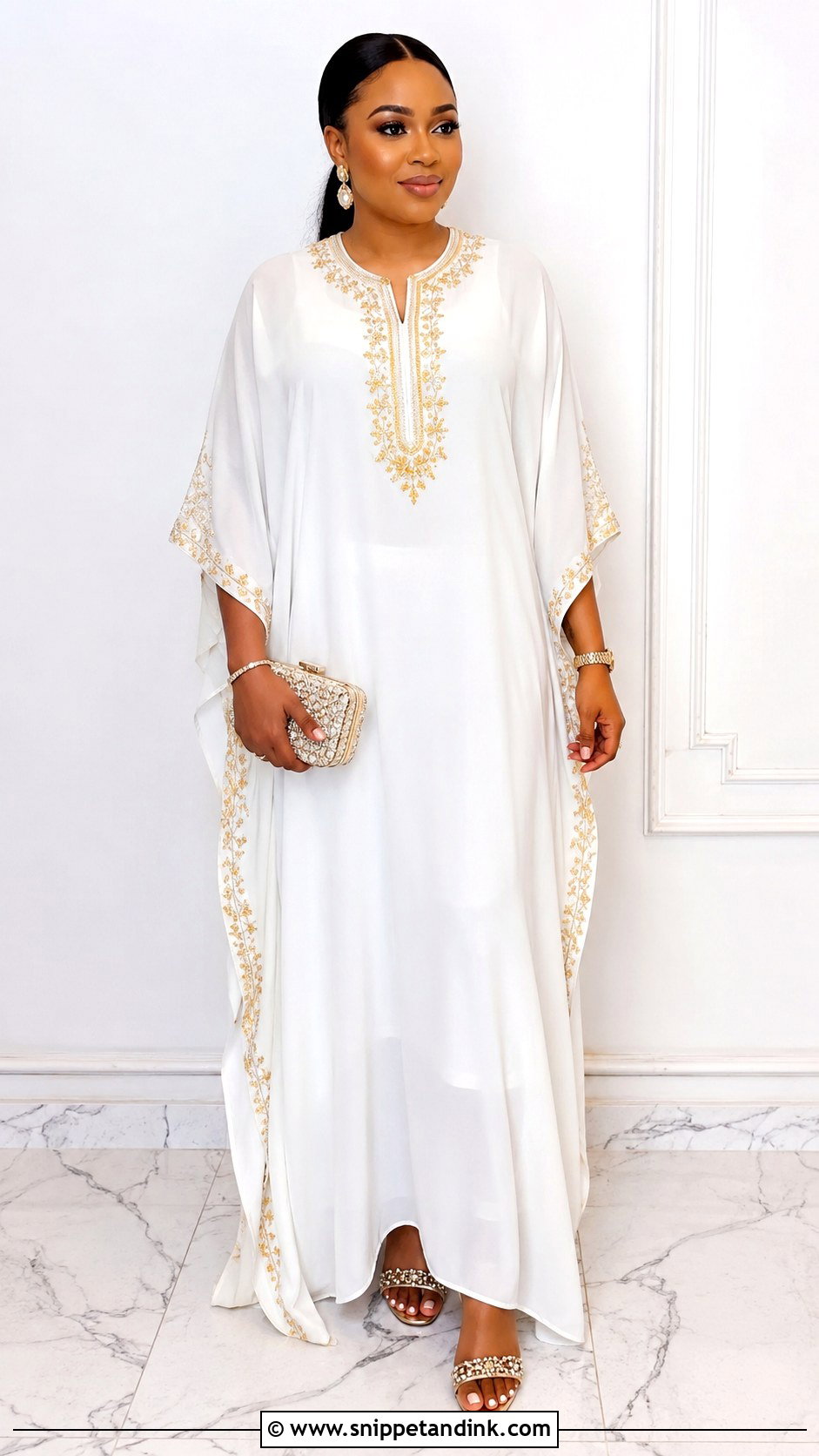 White Crepe Kaftan Gown With Embroidery - Snippet and Ink - 25 White Crepe Gown Style in Nigeria Ideas