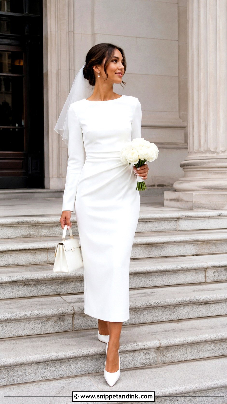 White Crepe Midi Courthouse Wedding Dress - Snippet and Ink - 20 Classy Courthouse Wedding Dress Ideas