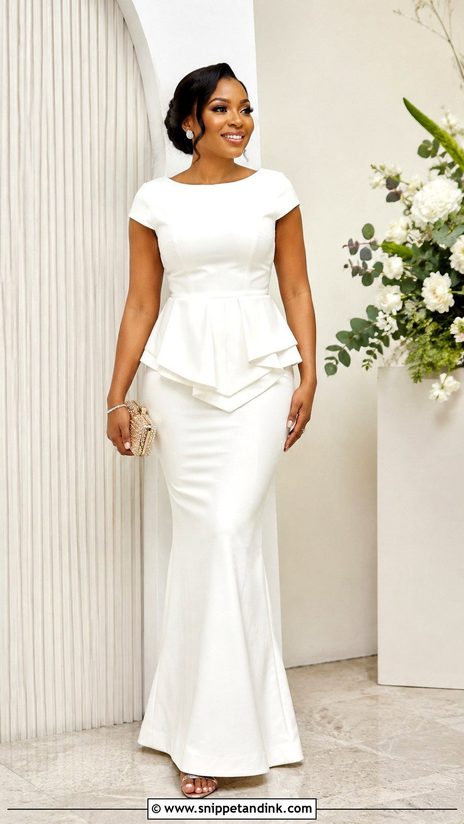 White Crepe Peplum Gown With Clutch - Snippet and Ink - 25 White Crepe Gown Style in Nigeria Ideas