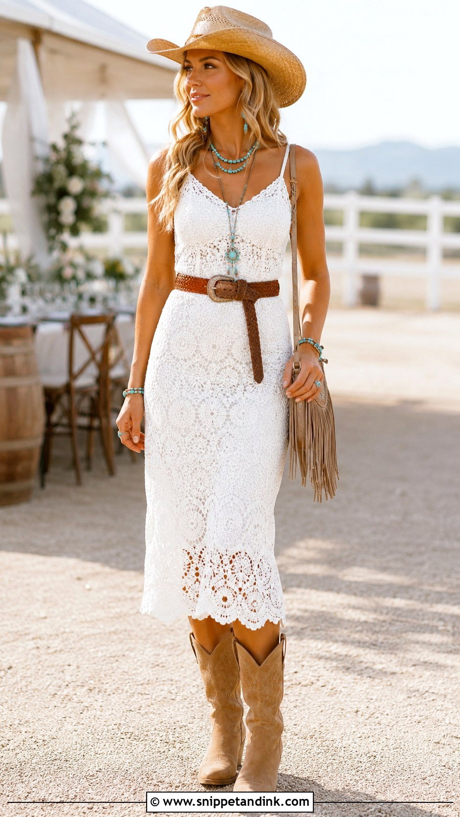 White Crochet Dress Cowgirl Outfit - Snippet and Ink - 20 Bride Cowgirl Outfit Ideas