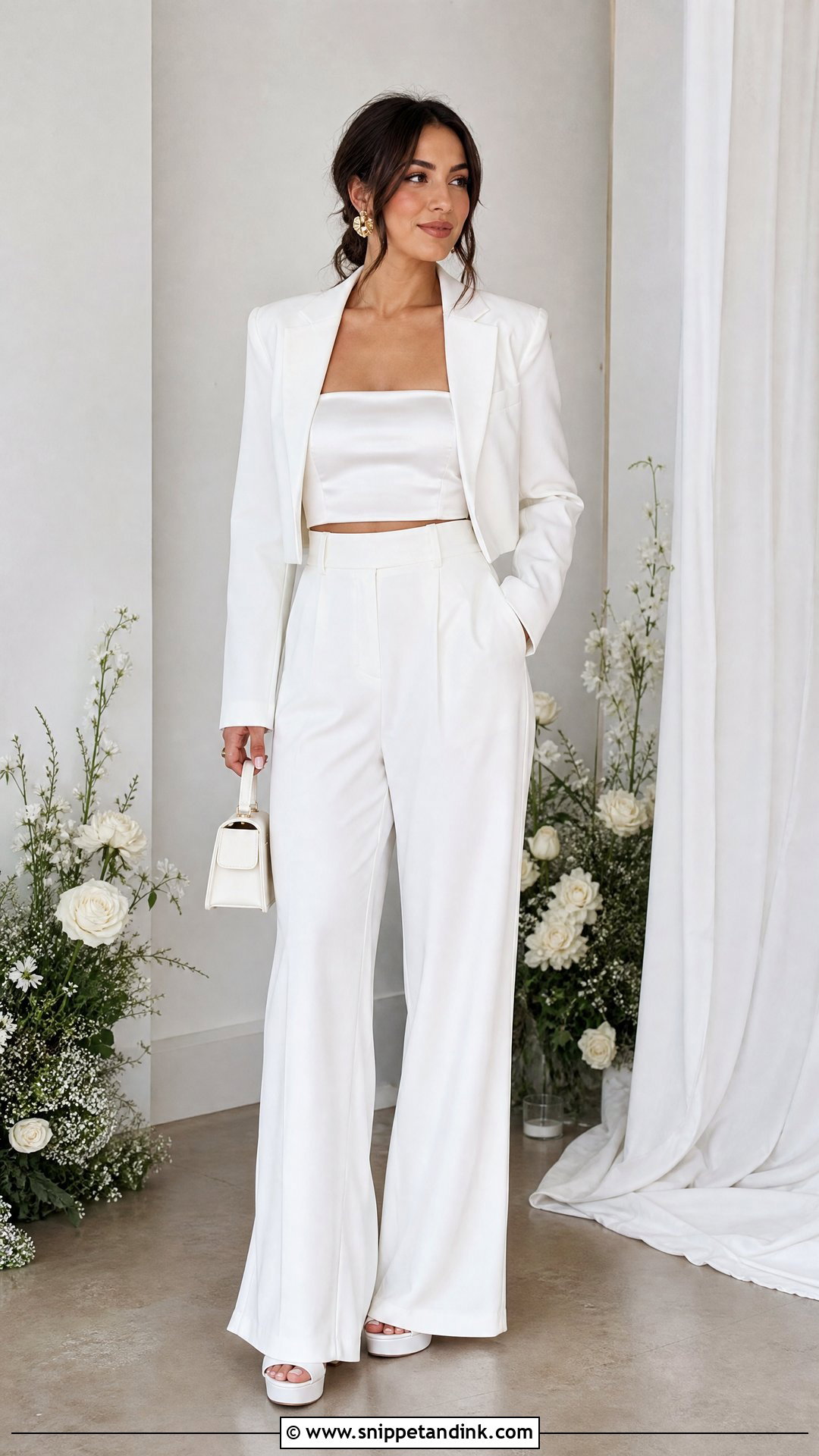 White Cropped Blazer Suit With High Waisted Pants - Snippet and Ink - 20 White Suit for Wedding Women Ideas