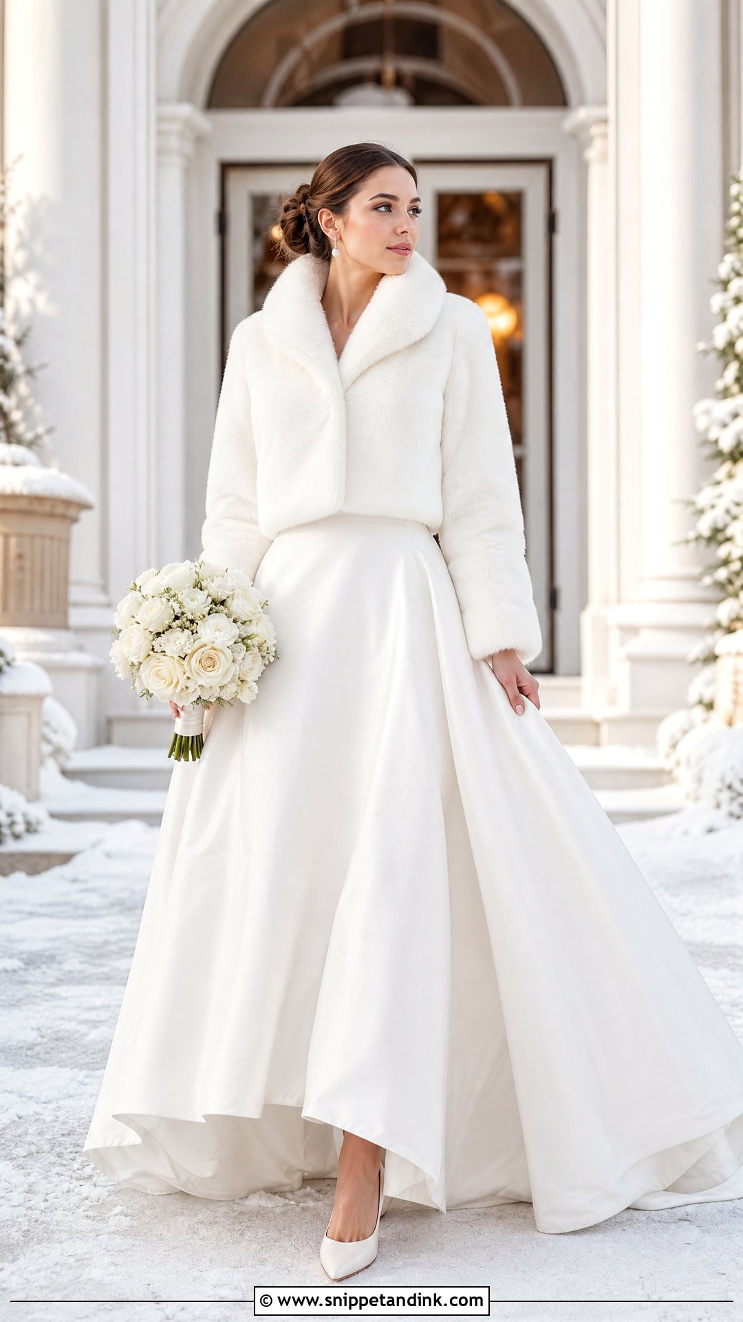 White Cropped Fur Coat With Satin Ball Gown - Snippet and Ink - 20 Wedding Fur Coat Ideas
