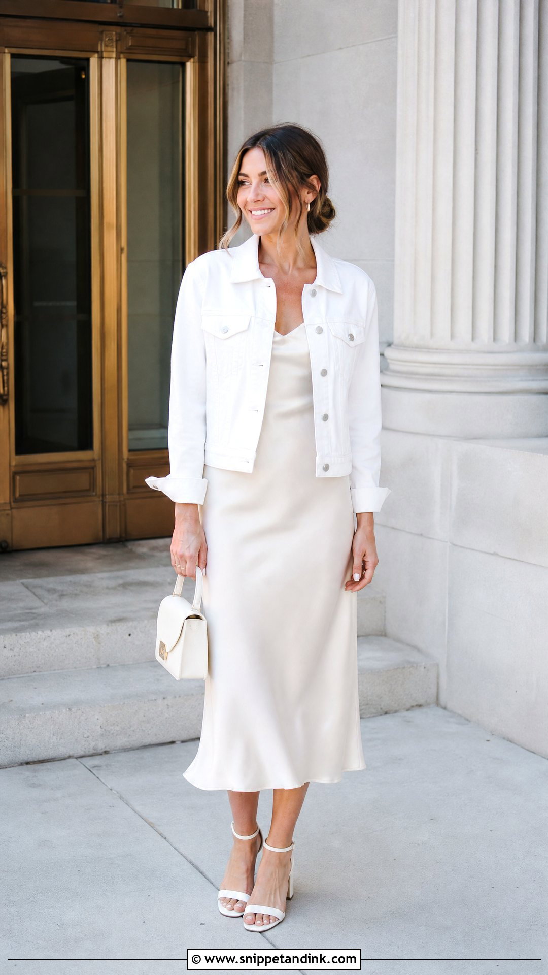 White Denim Jacket And Dress Courthouse Wedding Outfit - Snippet and Ink - 25 Casual Courthouse Wedding Outfit Ideas